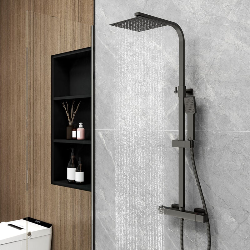 foto del prodotto ocean italy colonna doccia con miscelatore termostatico, ocean rubinetto quadrato 280x40mm con soffione quadrato 20x20cm, saliscendi doccia