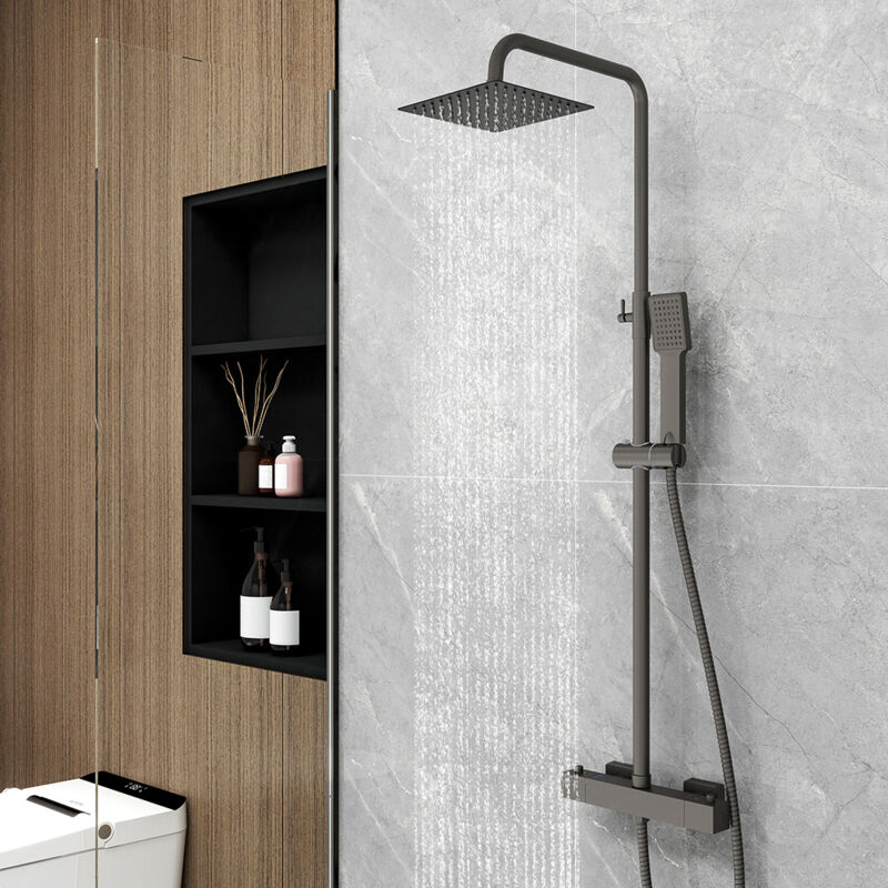 foto del prodotto ocean italy colonna doccia con miscelatore termostatico, ocean rubinetto tondo 280x40mm con soffione quadrato 20x20cm, saliscendi doccia tondo in