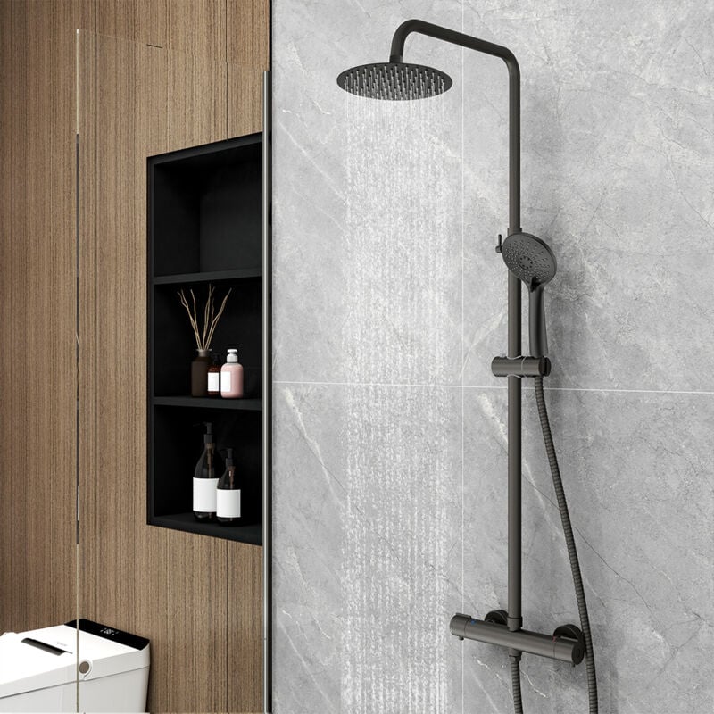 foto del prodotto ocean italy colonna doccia con miscelatore termostatico, ocean rubinetto tondo 280x40mm con soffione tondo 20x20cm, saliscendi doccia tondo in