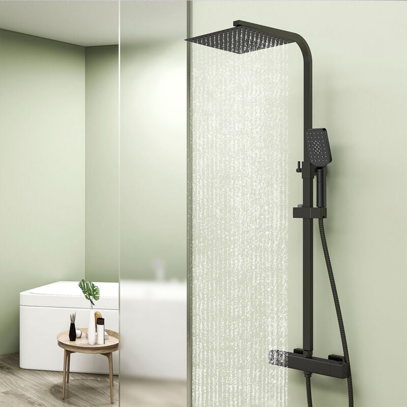 foto del prodotto ocean italy colonna doccia con miscelatore termostatico soffione doccia 25x25cm quadrato a pioggia con sistema antiscottatura, nero opaco