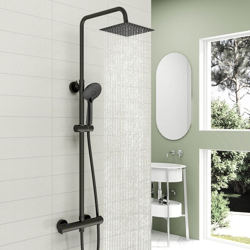 foto del prodotto ocean italy colonne doccia termostatiche, sistema doccia con miscelatore termostatico colonna doccia con soffione 20x20cm e doccetta a 3 getti nero