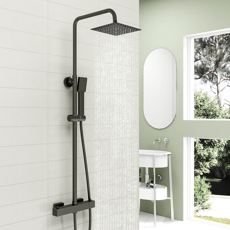 foto del prodotto ocean italy colonne doccia termostatiche, sistema doccia con miscelatore termostatico colonna doccia rubinetto rettangolo e doccetta 225x65mm nero