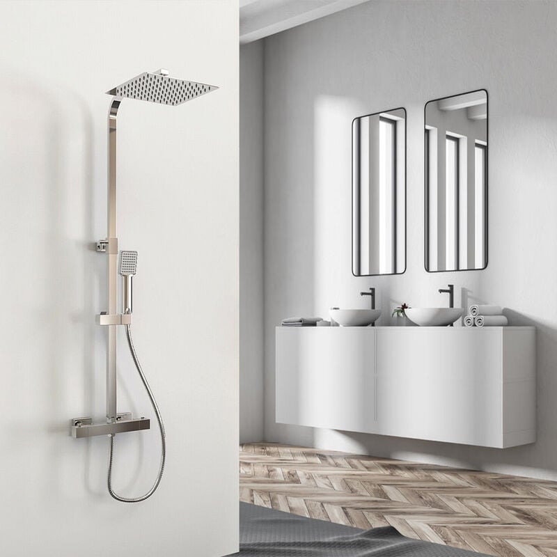 foto del prodotto ocean italy doccia termostatica con soffione, doccino, rubinetto quadrati, saliscendi doccia regolabile 80 120cm, gruppo doccia moderno, cromo