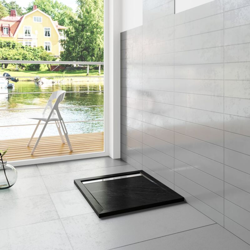 foto del prodotto ocean italy piatto doccia quadrato 80x80x3 cm in pietra vulcanica e resina mista finitura pietra nera ruvida ultraslim antiscivolo antibatterico