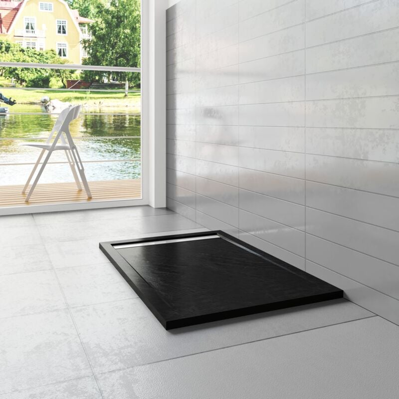 foto del prodotto ocean italy piatto doccia rettangolare 70x80x3cm in pietra vulcanica e resina mista finitura pietra nera ruvida ultraslim antiscivolo