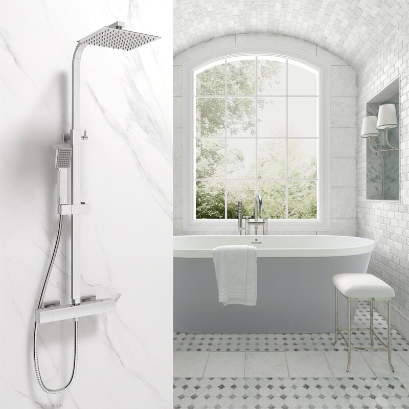 foto del prodotto ocean italy rubinetteria doccia con rubinetto diametro 40mm e saliscendi quadrato, colonna doccia termostatica cromo lucido