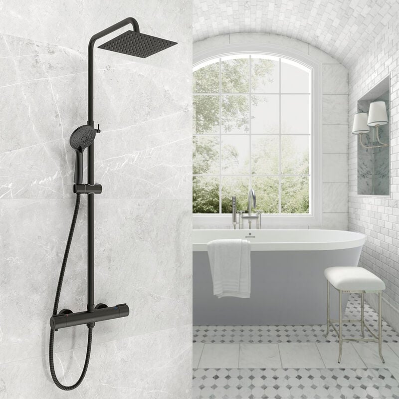 foto del prodotto ocean italy rubinetteria doccia con rubinetto diametro 40mm e soffione quadrato, colonna doccia termostatica nero opaco