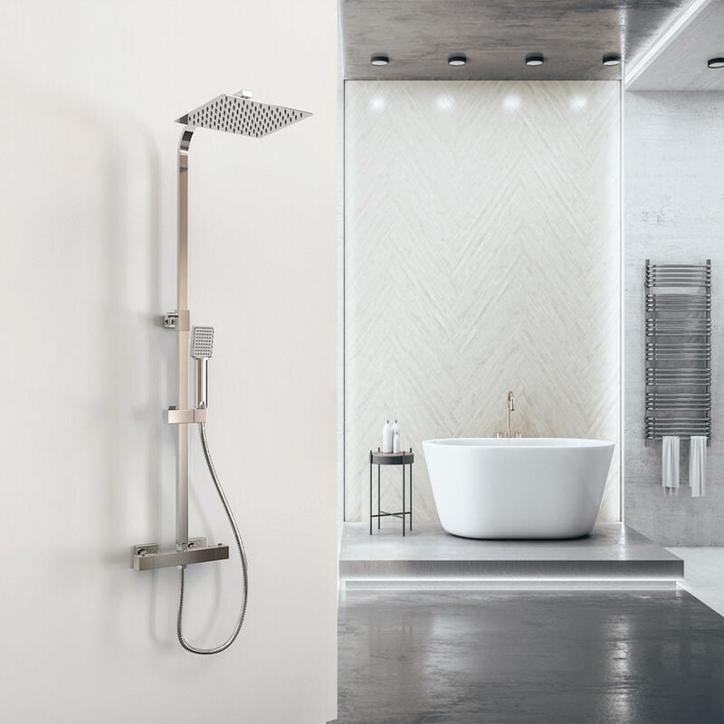 foto del prodotto ocean italy saliscendi doccia quadrato con soffione acciaio inox 20x20cm, miscelatore doccia moderno con termostato in ottone antibruciore
