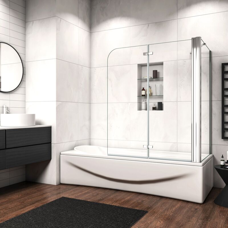 foto del prodotto ocean italy sopravasca angolare da bagno parete per vasca due ante vetro temperato trasparente 6 mm anticalcare 110x75x140cm