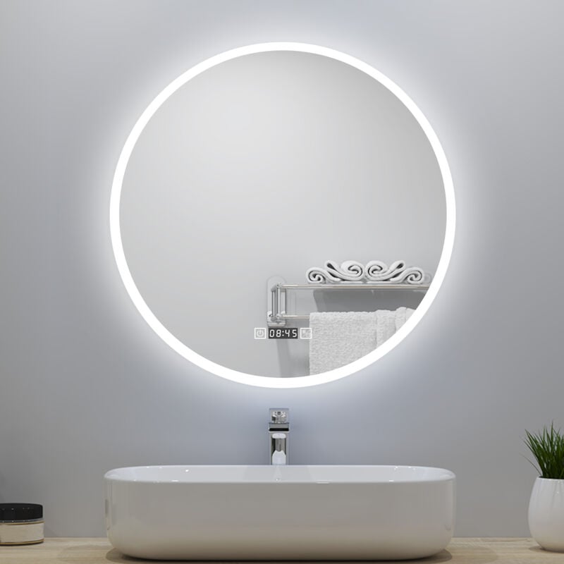 foto del prodotto ocean italy specchio da bagno,orologio, 3 temperature di colore, antiappannamento, touch, infinitamente dimmerabile, diametro 80 cm, led