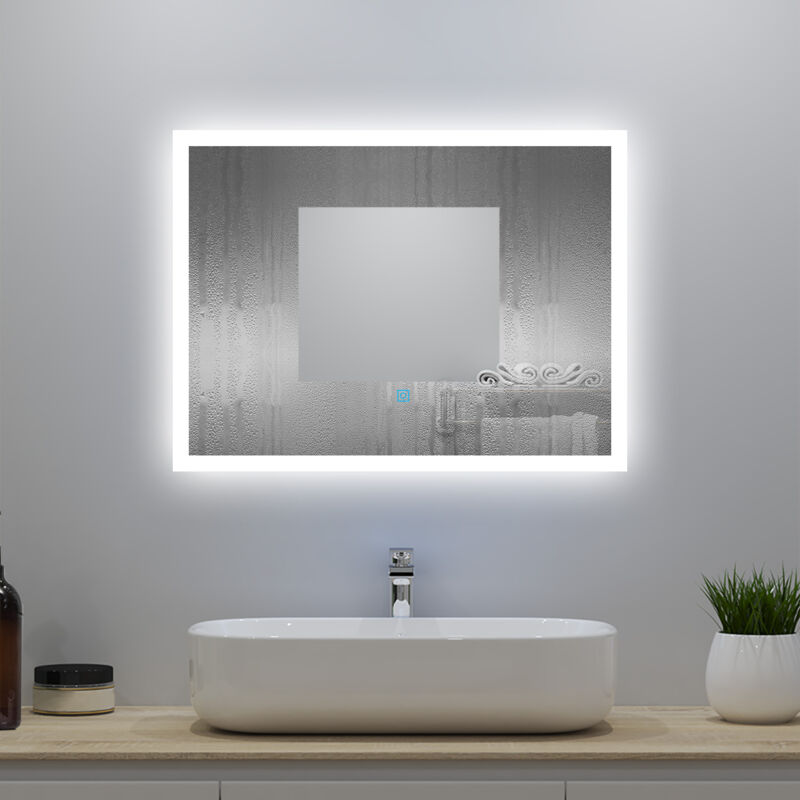 foto del prodotto ocean specchio con luce esterna led antiappannamento specchio da bagno interruttore tattile da parete dimmerabile 3 colori 80x60 cm 