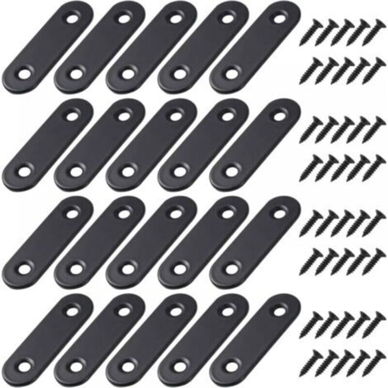 foto del prodotto odipie 20 pezzi staffe piatte dritte nere staffe dritte in metallo con viti per mobili in legno supporto per riparazione armadi 56x16mm
