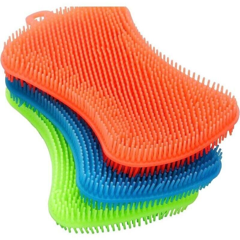 foto del prodotto odipie - 3 pezzi spugne in silicone per la cucina lavastoviglie pulizia piatti multifunzione doppio lato lavaggio doccia esfoliazione montaggio a parete clip viso bagno casa