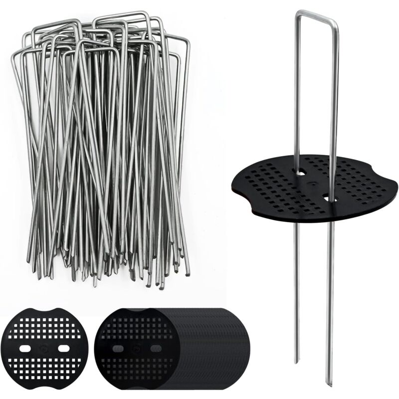 foto del prodotto odipie 40 picchetti di fissaggio per copertura del terreno con 40 rondelle di sardina, picchetti da giardino a forma di u in acciaio zincato da 15