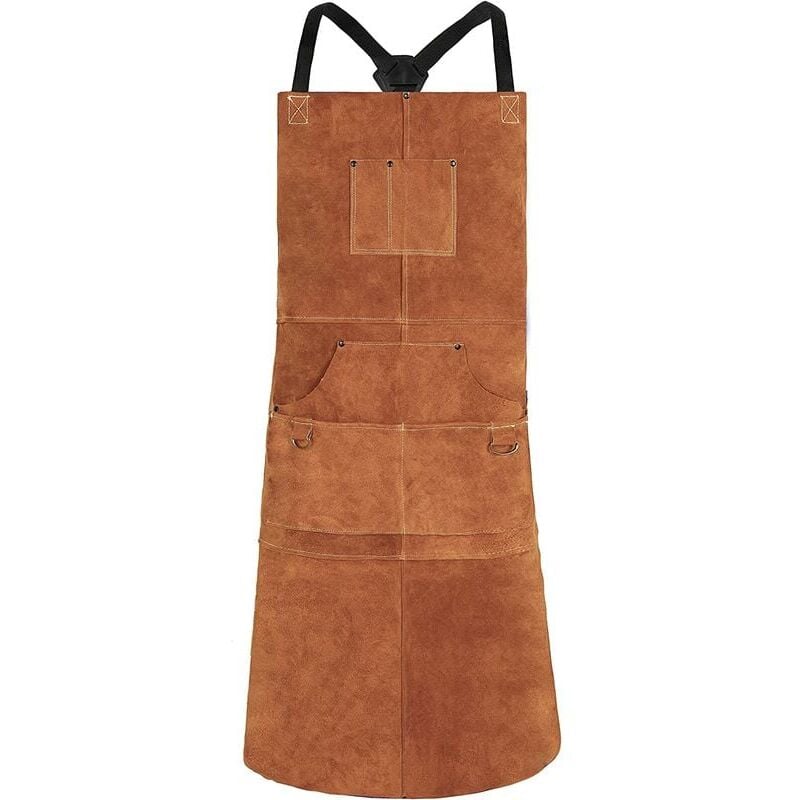 foto del prodotto odipie grembiule da saldatura, grembiule da lavoro in pelle di vacchetta con 6 tasche, grembiule da cucina multifunzionale 24 x 36 , bretelle
