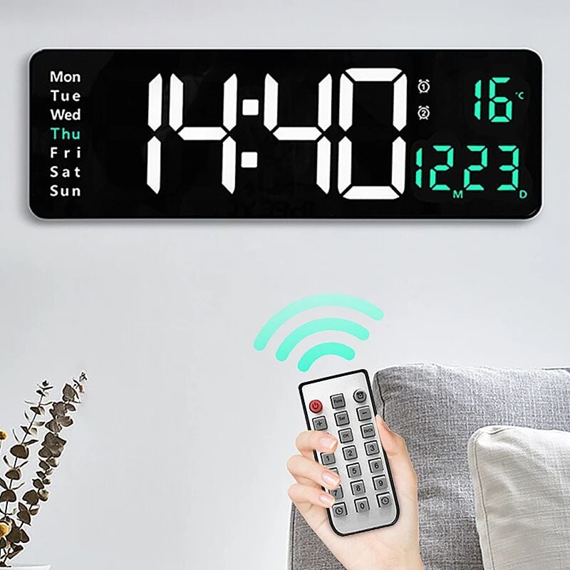 foto del prodotto odipie orologio da parete digitale di grandi dimensioni, telecomando, temperatura, data, settimana, display, spegnimento, memoria, orologio da