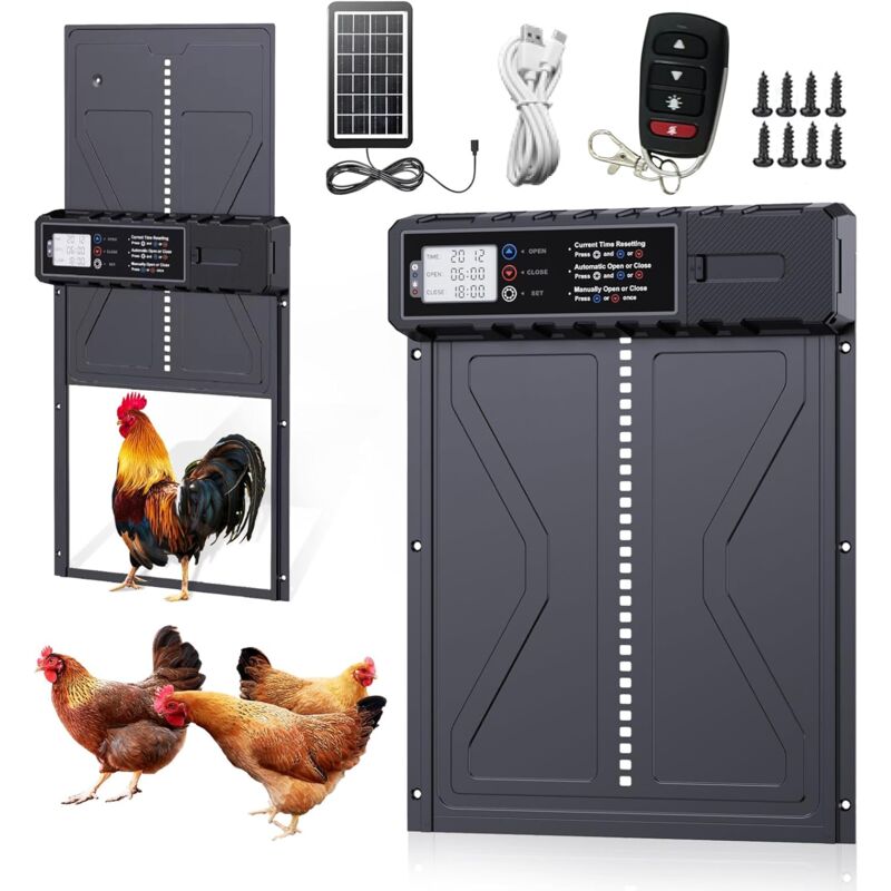 foto del prodotto odipie porta automatica per pollaio solare, batteria con display lcd programmabile impermeabile, porta automatica per pollaio in alluminio con