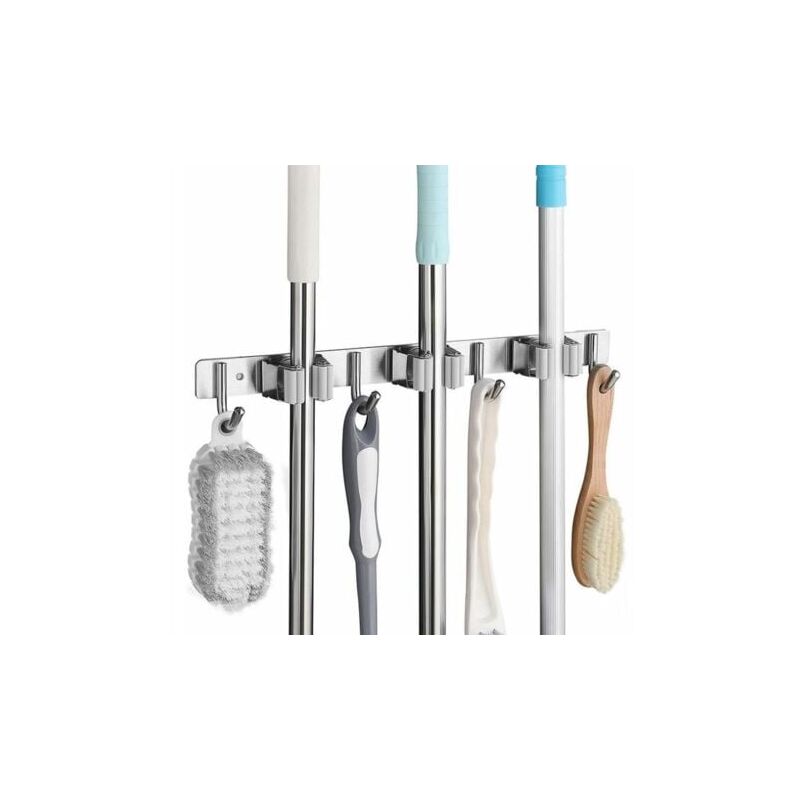 foto del prodotto odipie porta scopa da muro in acciaio inox, appendino per scopa da muro con 3 fessure e 4 ganci per cucina, bagno, garage e giardino, grigio,