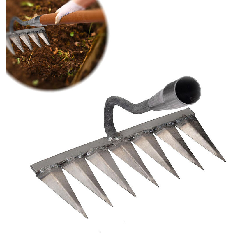 foto del prodotto odipie rastrello da giardino, rastrello da diserbo a 7 denti in acciaio, attrezzi da giardino manuali, scarificatore manuale per prato, zappa da