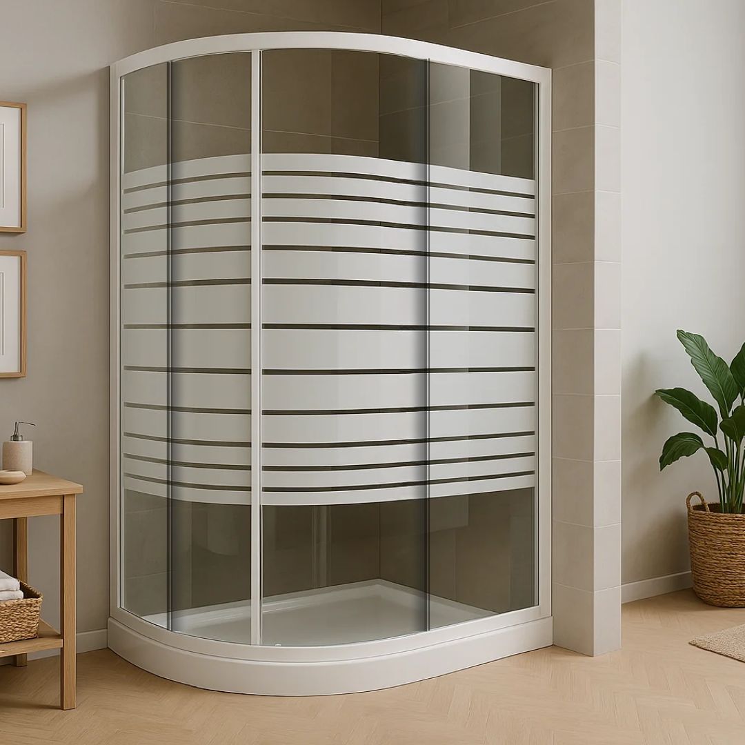 foto del prodotto ogomondo box doccia semicircolare bianco due ante cristallo temprato misure 87 89,5x87 89,5xh185 cm serigrafato, ...