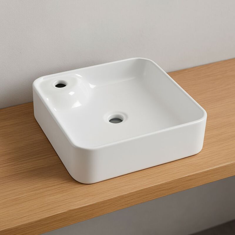 foto del prodotto ogomondo lavabo d appoggio ceramica bianco quadrato lavandino arredo bagno cm 43x43x12