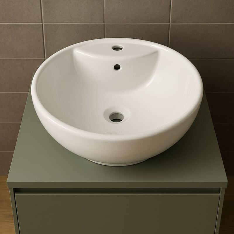 foto del prodotto ogomondo lavabo d appoggio ceramica bianco tondo lavandino arredo bagno cm 46x46x17