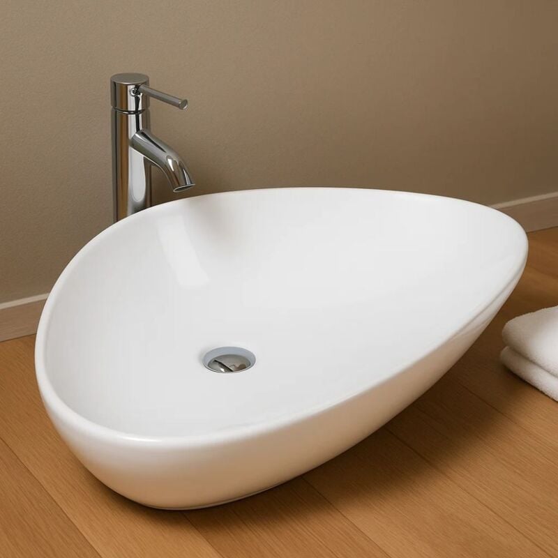 foto del prodotto ogomondo lavabo d appoggio in ceramica bianco triangolare lavandino arredo bagno misure 58x39x14 cm confezione 1