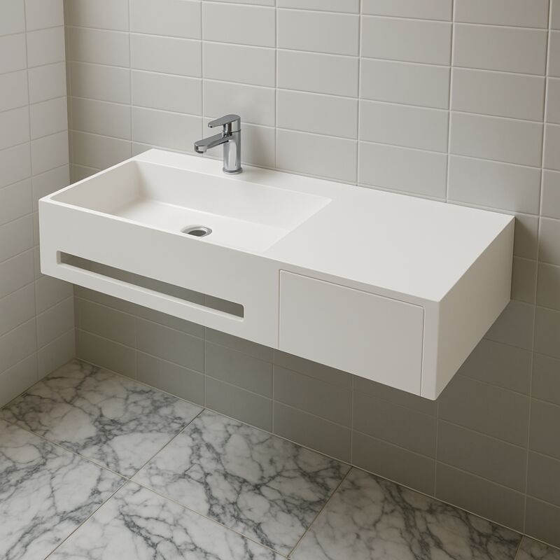 foto del prodotto ogomondo lavabo in artificial stone bianco opaco matt modello alex sospeso con porta salviette confezione 1