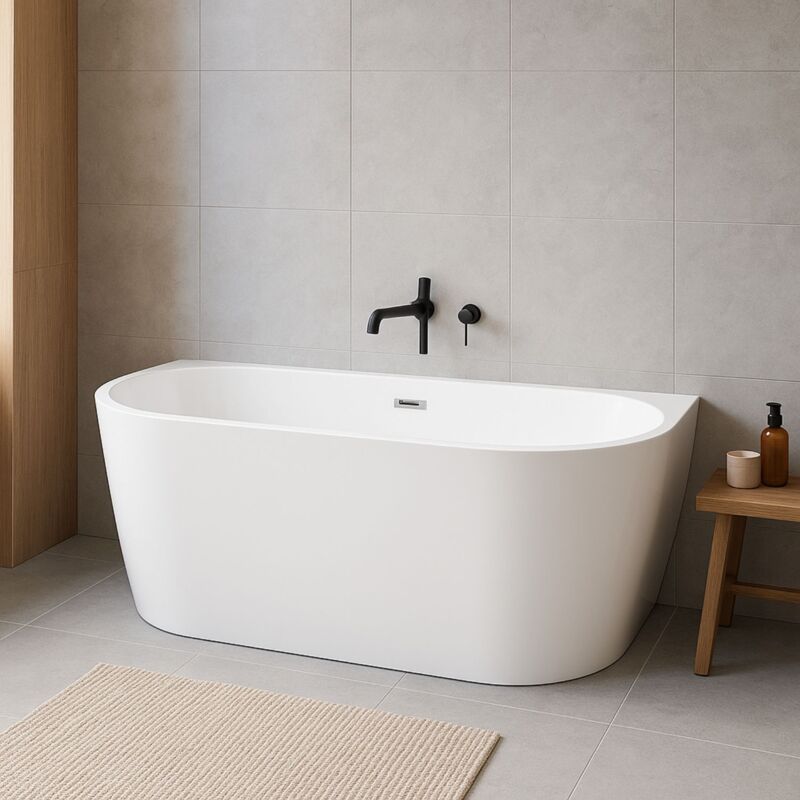 foto del prodotto ogomondo vasca da bagno filo parete semicircolare acrilico bianco lucido 150 x 80 x 58 cm confezione 1