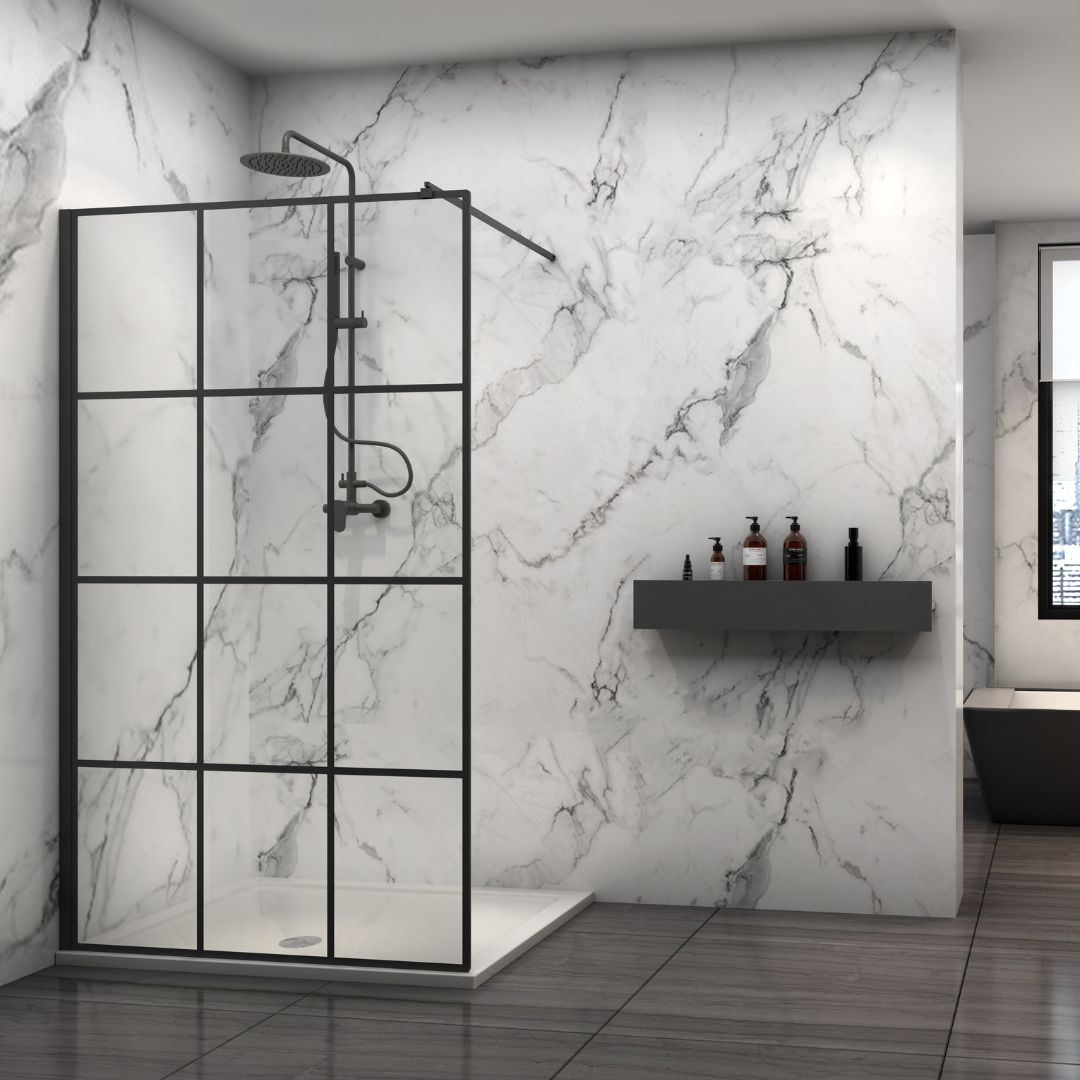 foto del prodotto ogomondo walk in doccia black con riquadro profilo nero cristallo 8 mm misure 137 139xh200 cm, confezione 1
