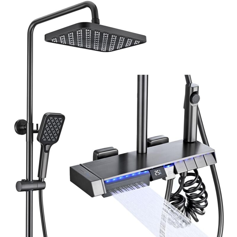 foto del prodotto oihpaw colonna doccia con miscelatore termostatico 5 funzioni set doccia con soffione 30x20cm, doccia idromassaggio, bocca a cascata, doccetta 3