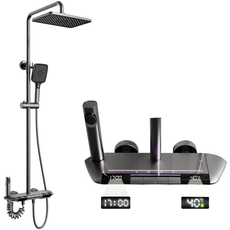 foto del prodotto oihpaw colonna doccia con miscelatore termostatico display digitale led saliscendi doccia con 30x20cm soffione doccia, doccetta, bidet, rubinetto a