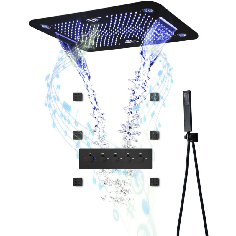 foto del prodotto oihpaw colonna doccia termostatico, 64 colori rgb led musica colonna doccia nero montaggio a soffitto set doccia con 580380mm 3 funzioni soffione