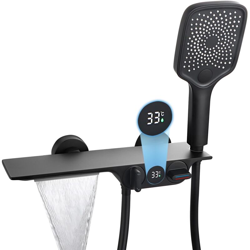 foto del prodotto oihpaw rubinetti vasca con cascata nero, rubinetto vasca da bagno con display della temperatura, rubinetto doccia in ottone, miscelatore per vasca