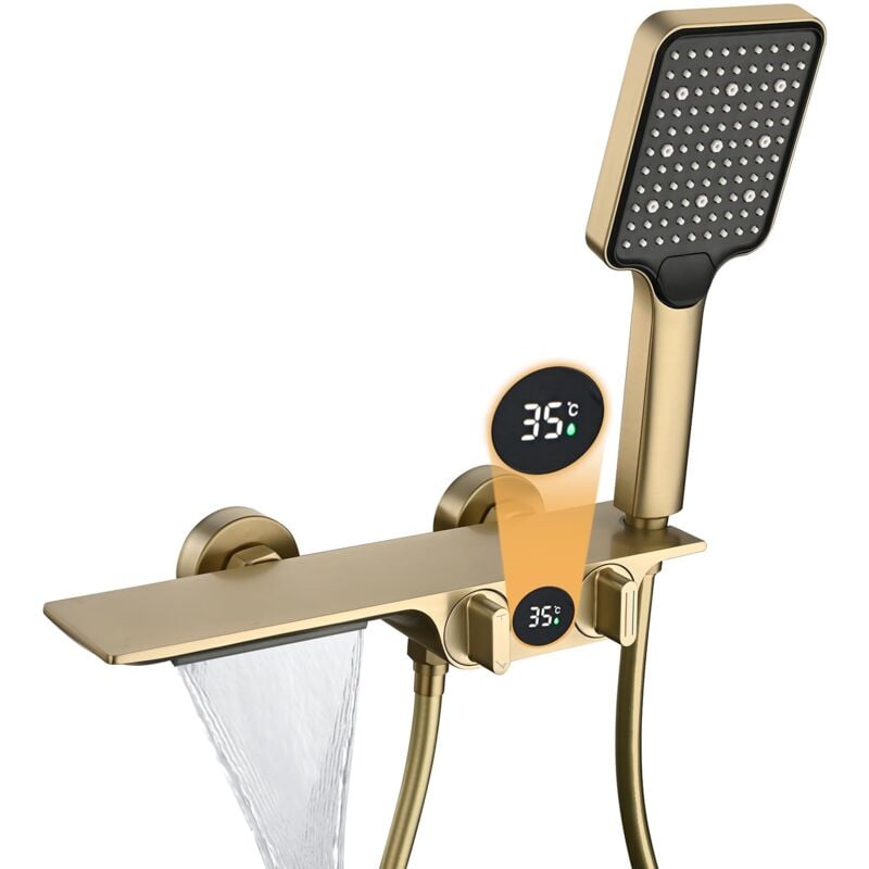 foto del prodotto oihpaw rubinetti vasca con cascata oro spazzolato, rubinetto vasca da bagno con display della temperatura, rubinetto doccia in ottone, miscelatore