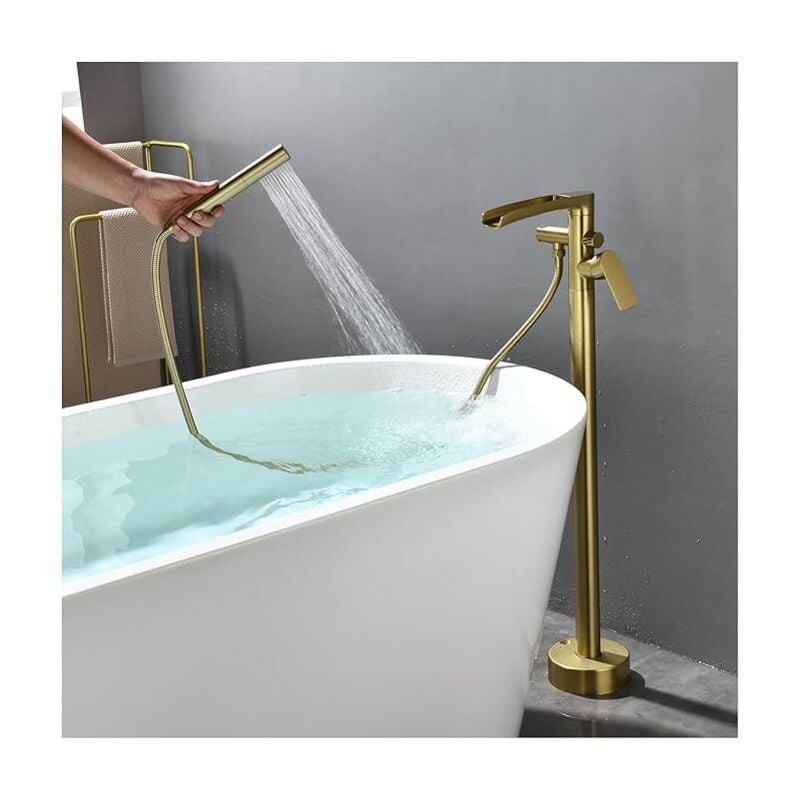 foto del prodotto oihpaw rubinetto per vasca freestanding, oro spazzolato rubinetto per vasca da terra cascata rubinetto vasca da bagno freestanding con doccetta