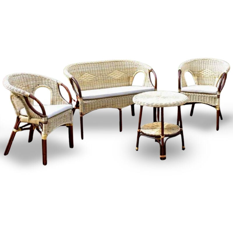 foto del prodotto okaffarefatto - salotto mandolino in vimini color noce con 1 divanetto, 2 poltrone, 1 tavolino