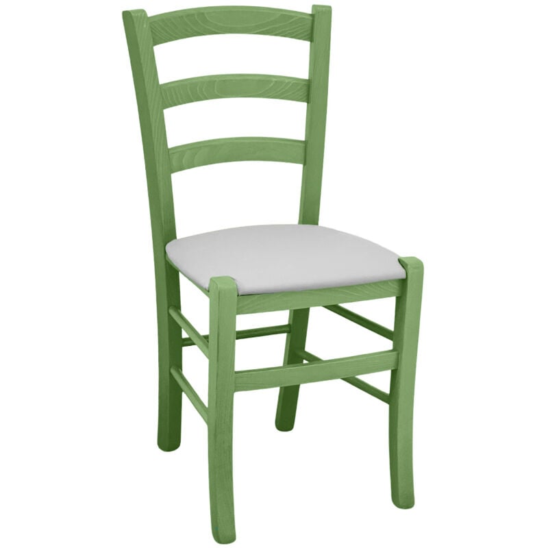 foto del prodotto okaffarefatto sedia legno venezia verde con seduta in similpelle grigio chiaro