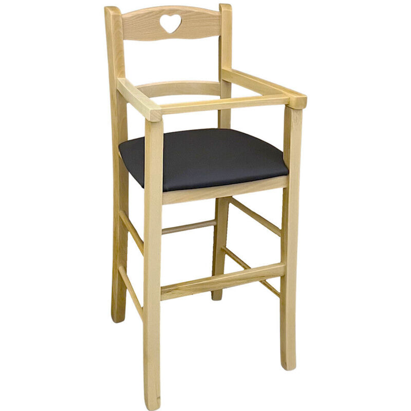 foto del prodotto okaffarefatto seggiolone in legno color naturale con seduta imbottita in similpelle marrone