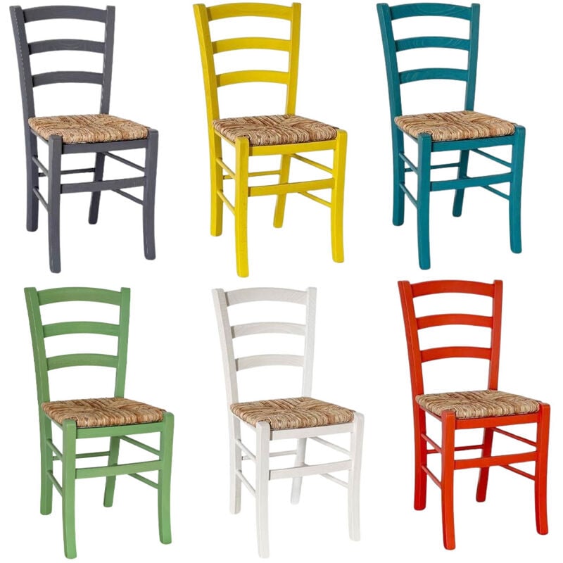 foto del prodotto okaffarefatto set di 6 sedie venezia in legno verde, bianco, rosso, grigio, giallo, turchese