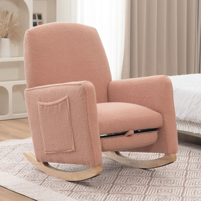 foto del prodotto okwish 044 sedia a dondolo con sgabello, sedia relax con pouf, sedia a dondolo per interni con schienale alto per soggiorno, tessuto in pelliccia