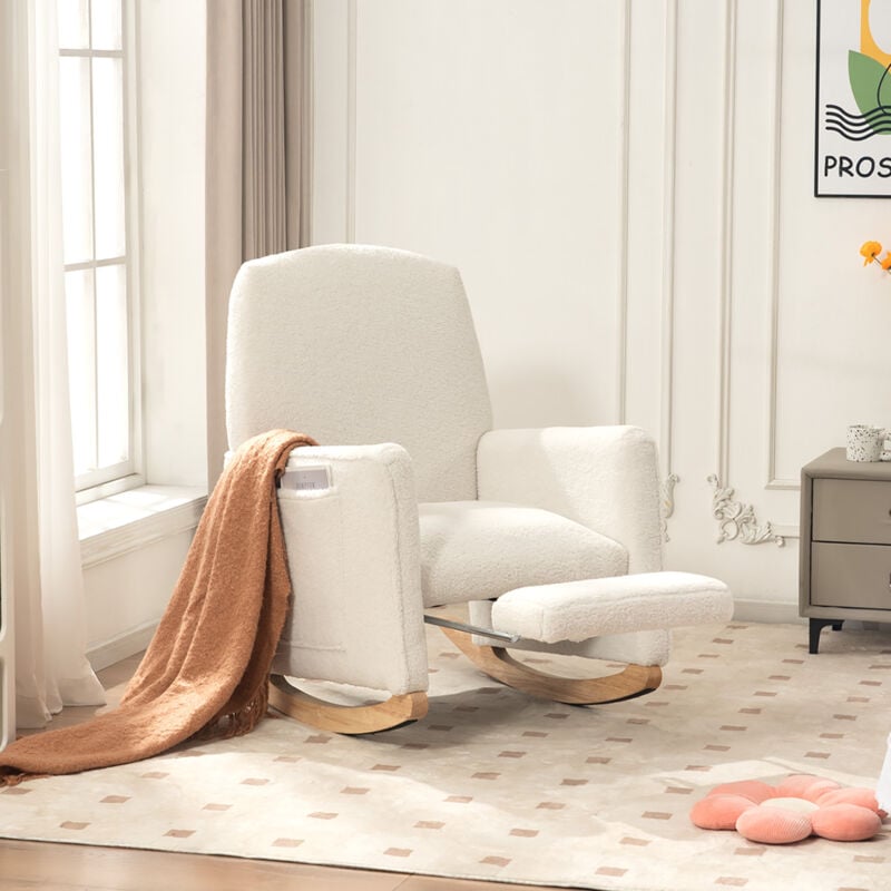 foto del prodotto okwish 044 sedia a dondolo con sgabello, sedia relax con pouf, sedia a dondolo per interni con schienale alto per soggiorno, tessuto in pelliccia