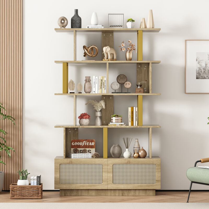 foto del prodotto okwish 105x31,7x160 cm libreria di alta qualit con ante in rattan e dispositivo di sicurezza ripiani aperti, combinazione legno metallo,