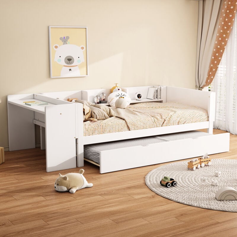 foto del prodotto okwish 90200 cm, letto basso, con letto estraibile, con scrivania, tre ripiani sul lato del letto, bianco