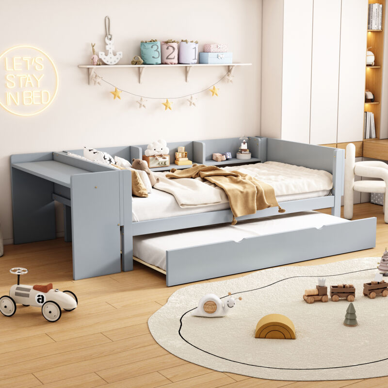 foto del prodotto okwish 90200 cm, letto basso, con letto estraibile, con scrivania, tre ripiani sul lato del letto, grigio
