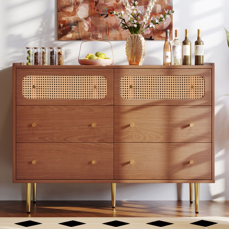 foto del prodotto okwish cassettiera, mobile laterale, credenza, credenza, mobile in rattan cassettiera con 6 cassetti in legno massiccio, piedini in legno in