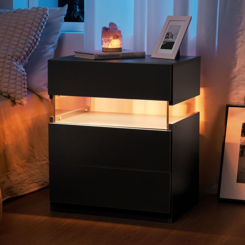 foto del prodotto okwish comodini a led, cassettiera a 3 cassetti per tavolino da camera da letto con pannello in acrilico, comodini a led per camera da letto,