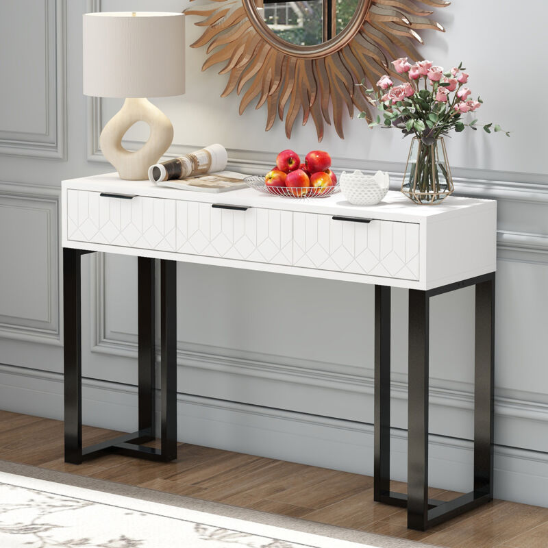 foto del prodotto okwish consolle moderna con cassetti, struttura dorata, poggiapiedi regolabili e maniglie eleganti bianco nero 