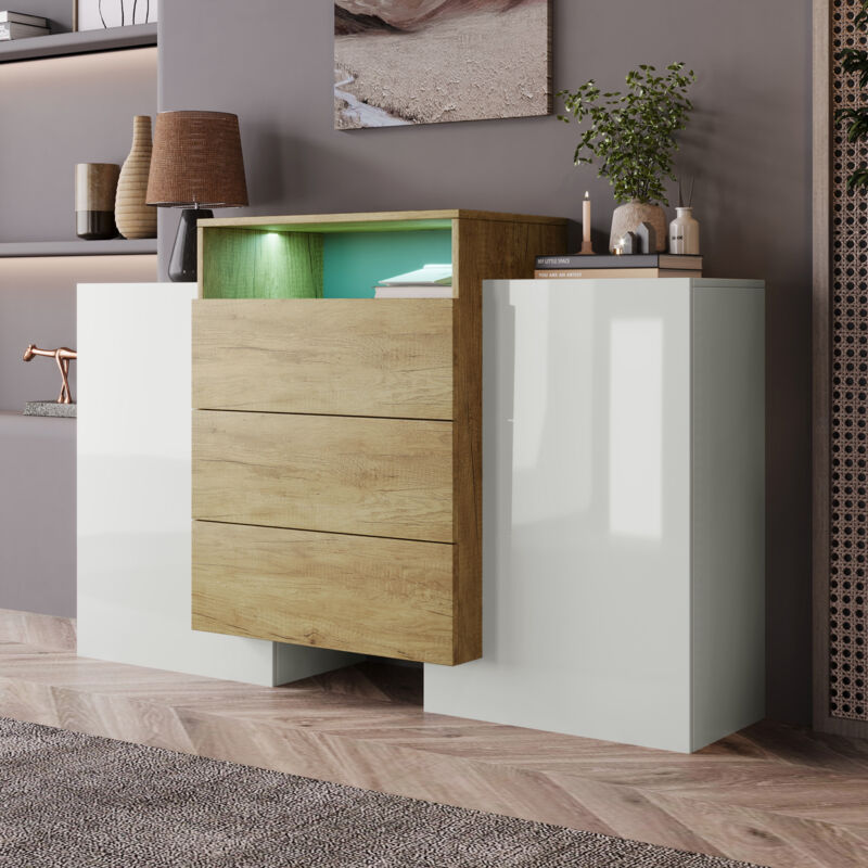 foto del prodotto okwish credenza, cassettiera moderna, armadio 140 cm, bianco lucido e color legno, effetti di luce led multicolori. soluzione di archiviazione
