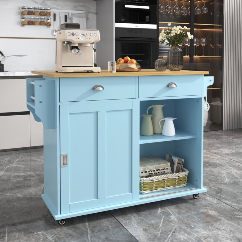 foto del prodotto okwish credenza credenza, 112x40 70 x94 cm, blu, piano di lavoro pieghevole effetto legno massiccio, con anta portaoggetti, rotelle e gambe in